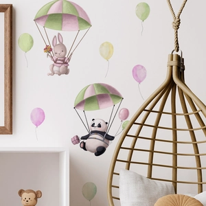 Adesivo murale per bambini con panda e coniglio in paracadute e palloncini ad acquerello