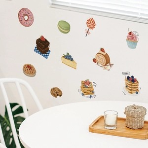 Hand-painted watercolor dessert wall stickers with donuts and cupcakes for home decoration