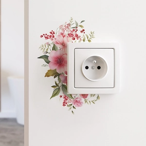 Self-adhesive floral wall sticker with pink flowers and green leaves for switch decoration