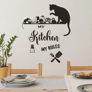 Cartoon cat themed kitchen wall sticker with My Kitchen My Rules text in black silhouette