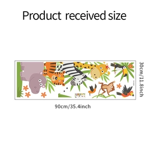 Cartoon animal wall stickers layout dimensions 90x30cm featuring safari giraffe and zebra