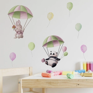Adesivi murali con coniglio e orso paracadutisti e palloncini colorati per cameretta