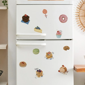 Dessert wall stickers featuring donuts and cakes displayed on a white refrigerator surface
