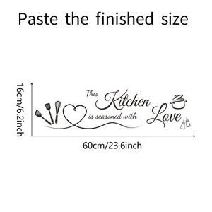 Detailed size chart showing 60x16cm dimensions for kitchen wall sticker lettering