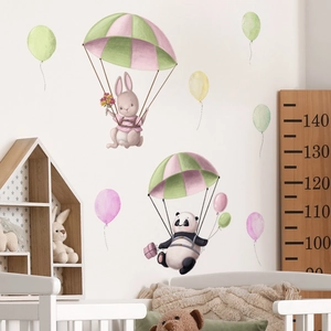 Adesivi Murali in PVC Con Animali Cartoni Animati e Paracadute Panda Coniglio Palloncini Decorazione per Cameretta Bambini e Asilo