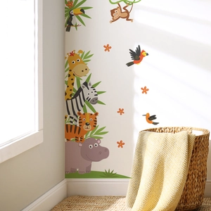 Cartoon forest animals wall stickers featuring giraffe zebra and hippo for kids bedroom decoration