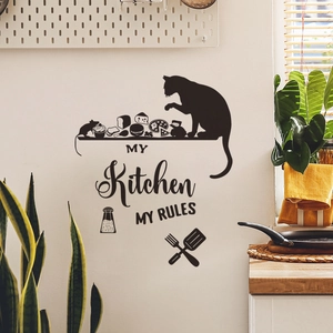 Cartoon cat silhouette wall sticker with My Kitchen My Rules text for kitchen decor