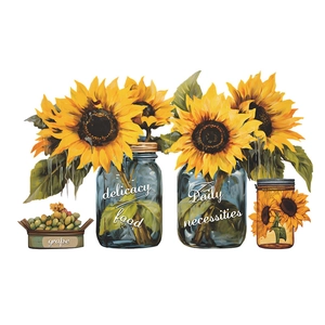 Detail of sunflower stickers featuring glass jars, fruit box and vibrant floral motifs
