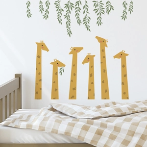 Cute cartoon giraffe and green leaf wall stickers for children's bedroom decor