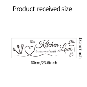 Detail view of kitchen wall sticker with quote and icons showing 60cm x 18cm dimensions