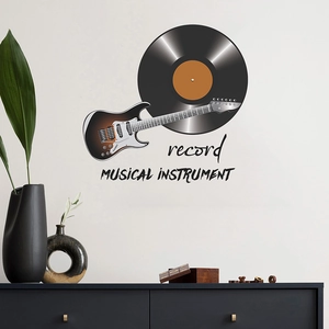 Sticker mural moderne avec disque vinyle et guitare pour décoration de salle de musique