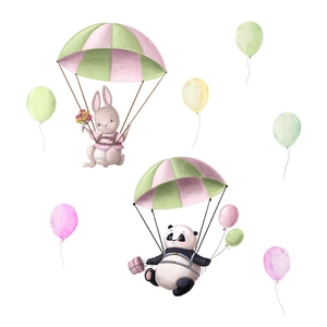Dettaglio di adesivi murali con panda e coniglio sul paracadute e palloncini in acquerello