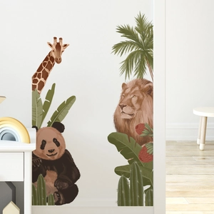 Adesivi murali con panda, leone e giraffa in stile foresta per camerette bimbi