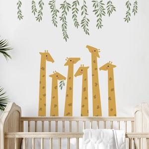Cartoon giraffe wall stickers with green leaves for children's bedroom wall decor