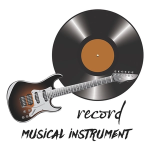 Détail d'un sticker mural musical avec guitare électrique sunburst et disque vinyle noir