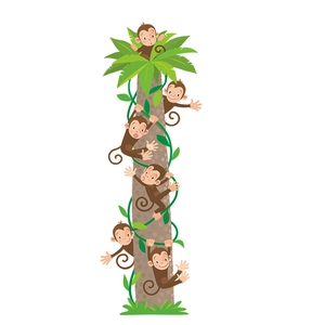 Detailed jungle wall decal featuring cartoon monkeys climbing a green palm tree