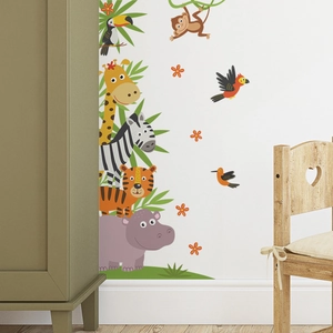 Colorful jungle animal wall decals with giraffe and zebra for children nursery room decor