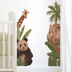 Adesivi Murali Giungla Animali Cartoni Animati Leone Panda Giraffa Palme Tropicali Cactus Decalcomanie PVC Per Cameretta Bambini