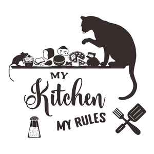 Close-up of My Kitchen My Rules wall decal with cat silhouette and food icons