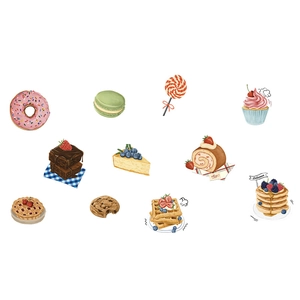 Macro view of hand-drawn dessert wall stickers featuring cupcakes and donuts decor