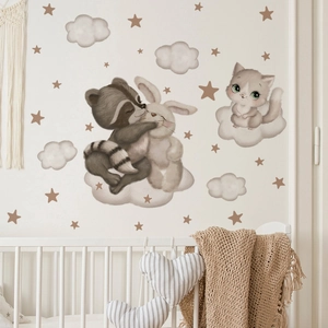 Stickers muraux dessin animé renard et lapin avec étoiles pour décoration de chambre