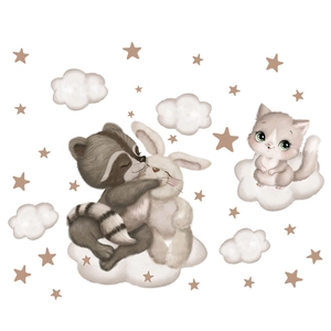 Détail d'animaux mignons dormant sur des nuages avec des étoiles pour chambre enfant