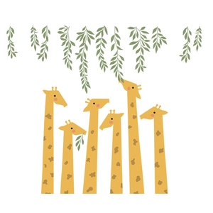 Close-up of cute cartoon yellow giraffes with green leaves for children wall sticker decoration