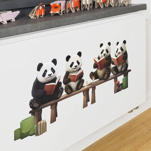 Stickers muraux 3D pandas mignons lisant sur un banc pour chambre d'enfant et décor