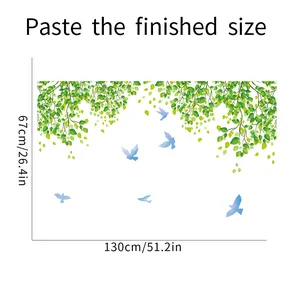 Detailed size chart showing green leaf wall decal with birds at 130x67cm dimensions