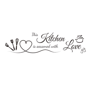 Kitchen wall decal featuring 'Seasoned with Love' text and cooking utensil icons