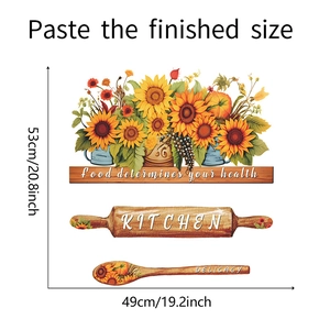 Detailed wall sticker layout with sunflowers and kitchen quote showing 49x53cm dimensions