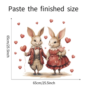 Detailed dimensions of watercolor rabbit couple wall stickers with heart balloons