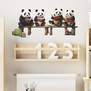 Stickers muraux pandas mignons lisant sur un banc pour décoration chambre d'enfant