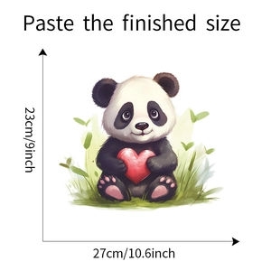 Detailed dimensions of cartoon panda wall sticker holding a red heart with measurements