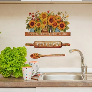 Vintage kitchen wall stickers with sunflower design and food health slogans