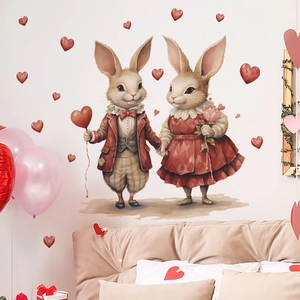 Cartoon rabbit couple wall stickers with heart balloons for romantic bedroom decor