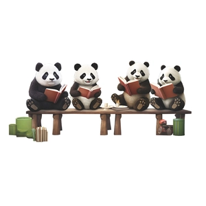 Détail de quatre pandas de dessin animé lisant des livres rouges sur un sticker mural