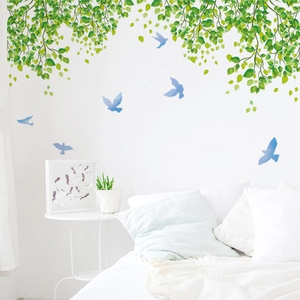 Fresh green leaf vines and light blue birds wall decal for bedroom and living room decor