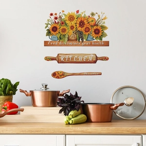 Vintage kitchen wall sticker featuring sunflowers, rolling pin, and healthy food quotes