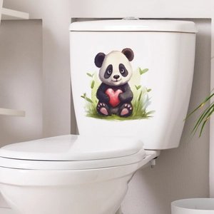 Cute panda holding red heart cartoon sticker on white toilet tank for home bathroom decor
