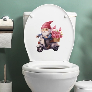Sticker WC gnome sur scooter avec roses pour décoration de salle de bain sur abattant blanc