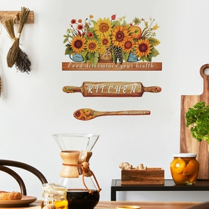 Vintage sunflower kitchen wall stickers with KITCHEN sign and healthy food quotes