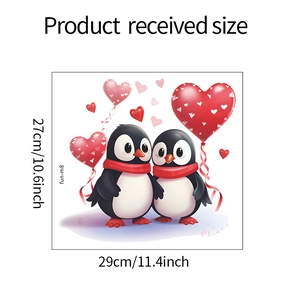 Detailed size layout of penguin stickers with heart balloons for bathroom decor
