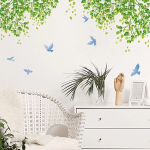 Watercolor green plant vines and blue birds wall decal for modern living room decor
