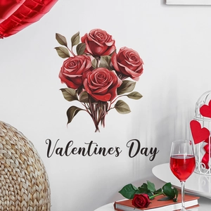 Romantic red rose wall stickers with Valentines Day lettering for bedroom decor