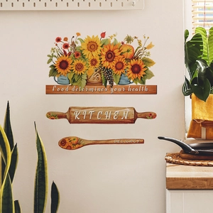 Retro sunflower kitchen wall stickers with KITCHEN lettering and wooden rolling pin design