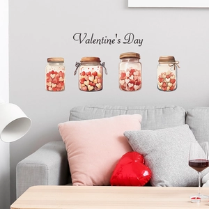 Pink heart glass bottle wall stickers for Valentine's Day home living room decoration