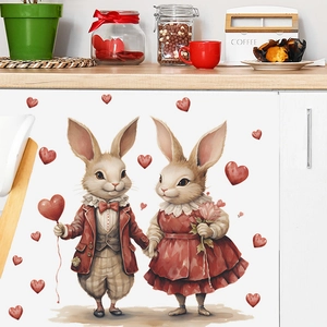 Cartoon bunny couple wall stickers with red heart balloons for home wall decoration