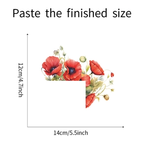 Detailed size chart showing red poppy flower wall sticker dimensions as 14x12cm for home decor