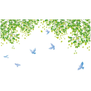 Detail of green leaf vine wall decal with flying blue birds on a clean white surface